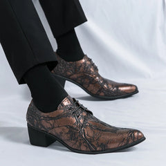 Threebooy  Men High Heeled Lace Up Derby Shoes PU Embossed Fashionable  Comfortable Business Formal Banquet Men Shoes