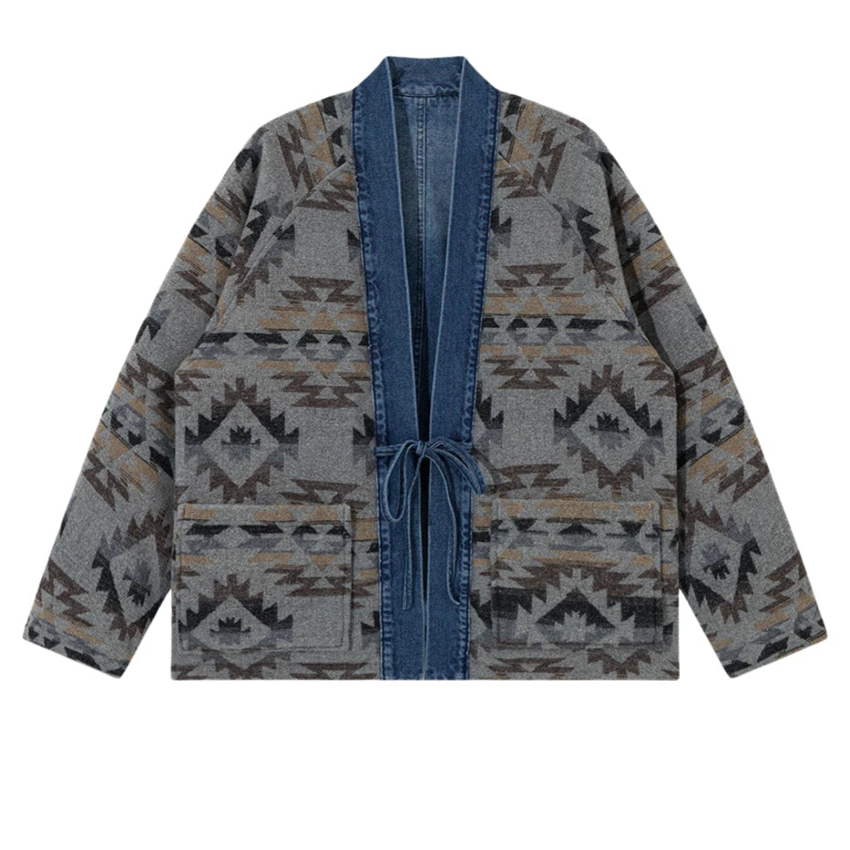Threebooy Vintage Cargo Denim Jackets Mens Japan Style Double-faced Cardigan Kimono Harajuku Loose Casual Cotton Print Jeans Coats Male