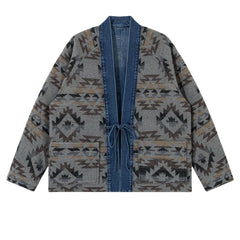 Threebooy Vintage Cargo Denim Jackets Mens Japan Style Double-faced Cardigan Kimono Harajuku Loose Casual Cotton Print Jeans Coats Male