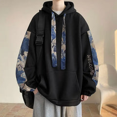 Threebooy Korean Style Streetwear Men Hooded Sweatshirt Trendy Side Embroidery Design Loose Hoodie Casual Drawstring Hoodies