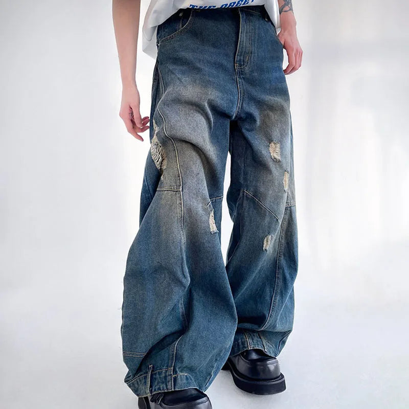 Threebooy Korean Retro Men'S Ripped Jeans Loose Straight Leg Pants Fashionable Design Jeans Casual Wide Leg Pants