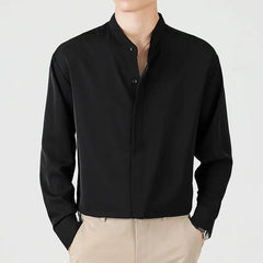Threebooy  High-end Men's Stand Collar Tunic Suit Round Neck Shirt Men's Slim Small Collar Business