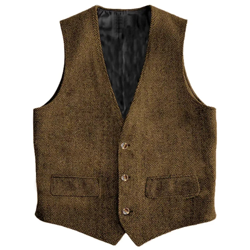 Threebooy  Men Vest Brown Herringbone Single Button Waistcoat Vintage Regular Slim For Wedding Banquet Work Business Casual Men Suit Vest