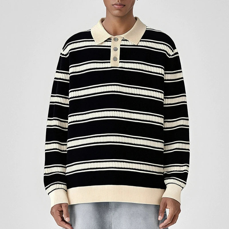 Threebooy  New American Trendy Men Polo Neck Sweater Light Luxury Striped Knit Long Sleeve Pullover Tops High Quality Loose Knitwear M-3XL