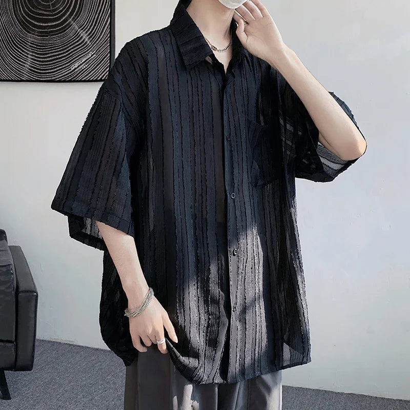 Threebooy Spring Summer Men's Solid Shirts Short Sleeve Harajuku Style Cardigan Casual  Blouses Male Plus Size Lapel Shirt