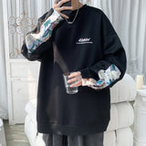 Threebooy Embroidery Patchwork Sleeves Sweatshirt Men Autumn Retro Streetwear Loose All-match Pullover Harajuku Black Crewneck Sweatshirt