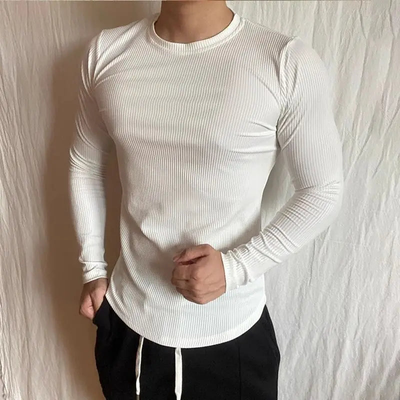 Threebooy  Sports Long-sleeved T-shirt Fitness Tights Slim Elastic Striped Round Neck Casual