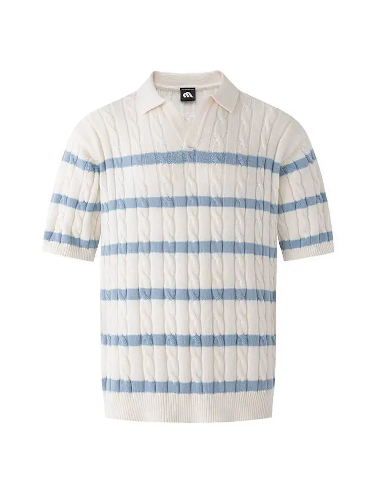 Threebooy 2025 Summer Simple Men's T-shirts Lapel Striped Button Design Knitted Clothing Short Sleeved Casual Male Tees Menswear