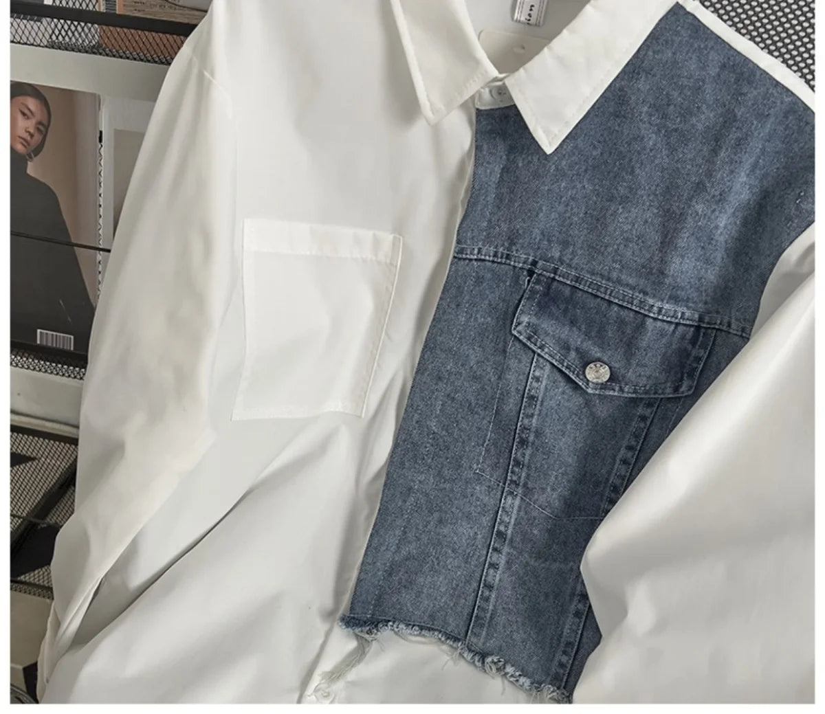 Threebooy Japanese High-end Denim Jacket Spliced Long-sleeved Shirt Men's Niche Design Sense High Street Couple Loose Casual White Shirt