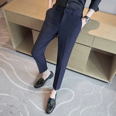 Threebooy Men Thin Business Solid Color Slim Casual Formal Office Trousers Male Summer Stretch Ankle-Length Suit Pants Plus Size 28-36