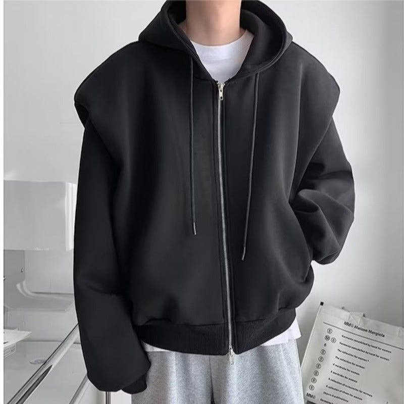 Threebooy Autumn Korean Zipper Hoody Large Silhouette Hooded Composite Shoulder Pad Cardigan Jacket Men Casual Handsome Hooded Sweatshirt