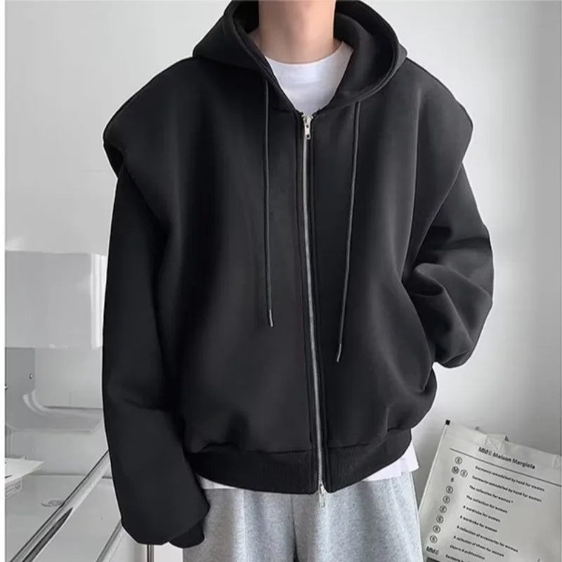 Threebooy Autumn Korean Zipper Hoody Large Silhouette Hooded Composite Shoulder Pad Cardigan Jacket Men Casual Handsome Hooded Sweatshirt