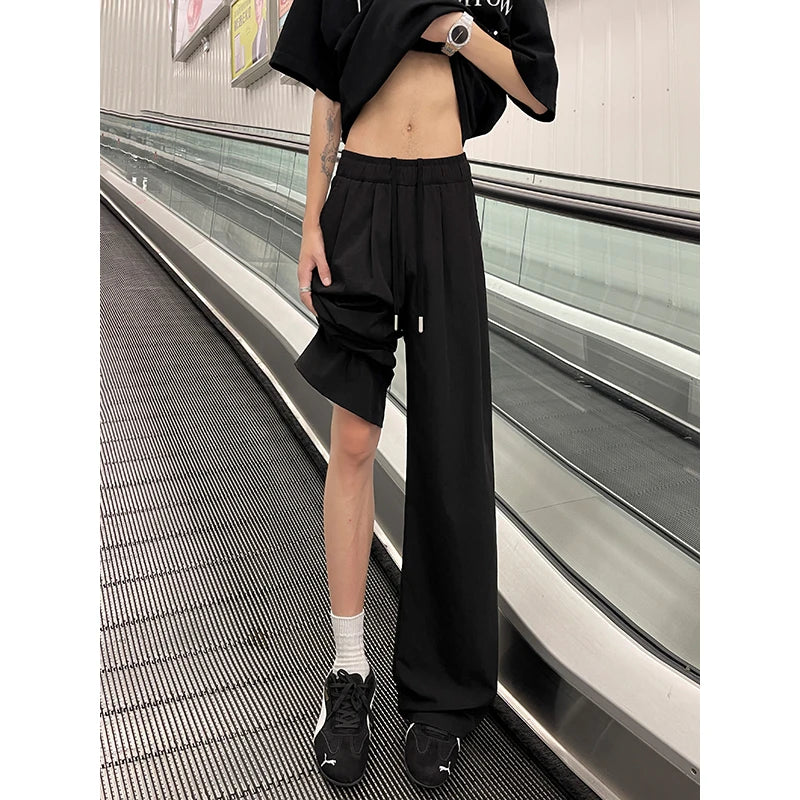 Threebooy Summer Pink Thin Pants Men Fashion Black Casual Pants Men Streetwear Hip-hop Loose Wide Leg Pants Mens Ice Silk Trousers