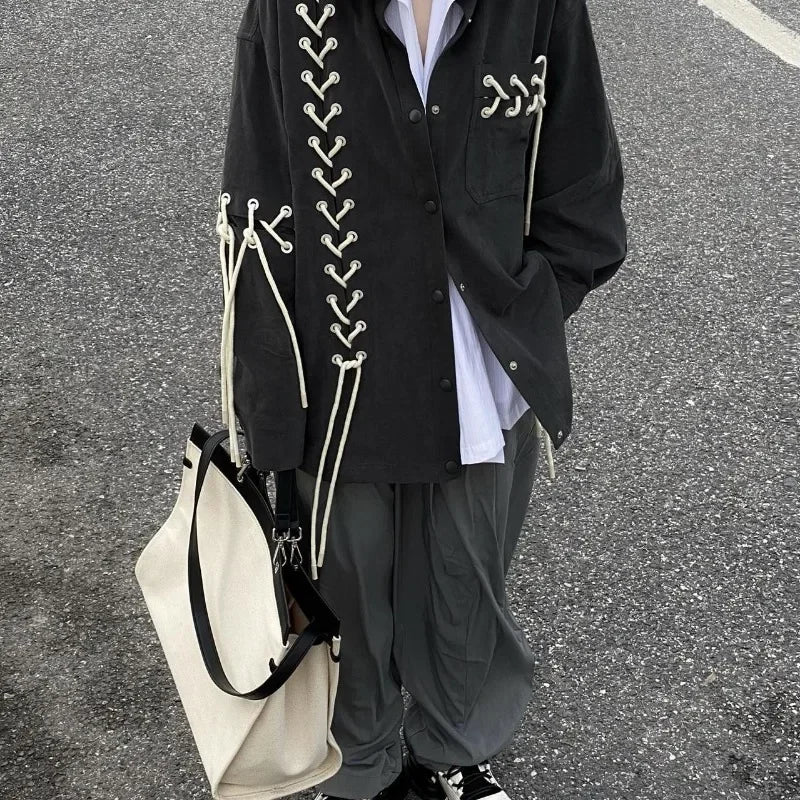 Threebooy Unisex Vintage Punk Black Shirt Coat Men Women Spring Autumn Japanese Harajuku Tie Rope Top Versatile High Street Shirt