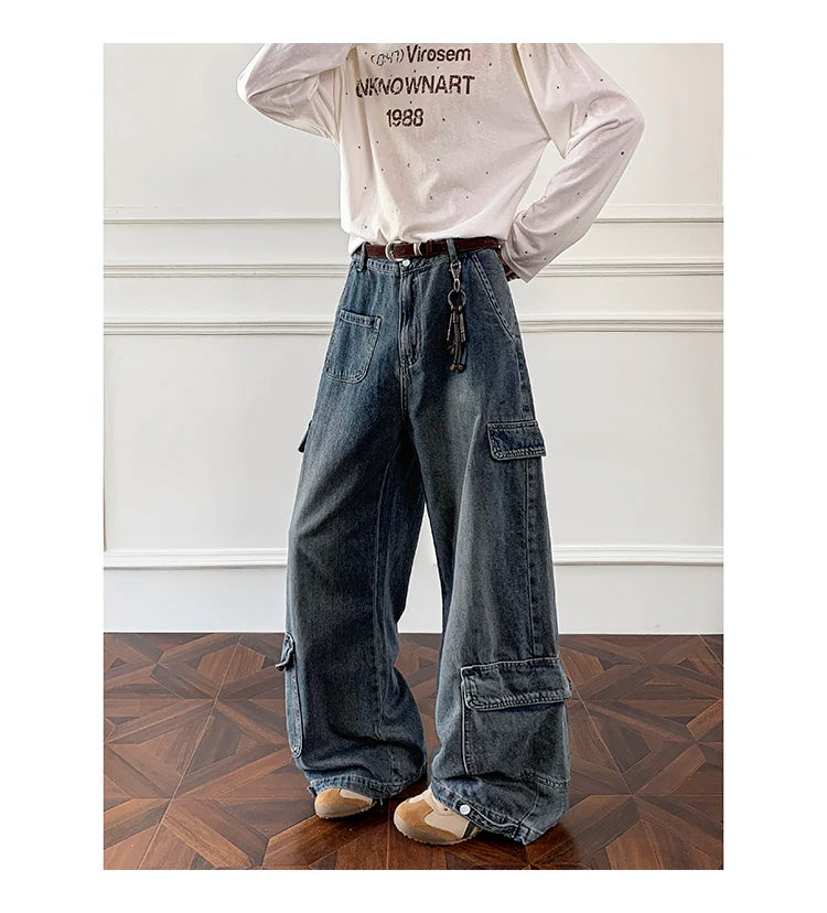 Threebooy Men Workwear Cargo Jeans New Multi Pocket Loose Straight Leg Baggy Streetwear Denim Pants Urban Casual Trousers 2025 Autumn