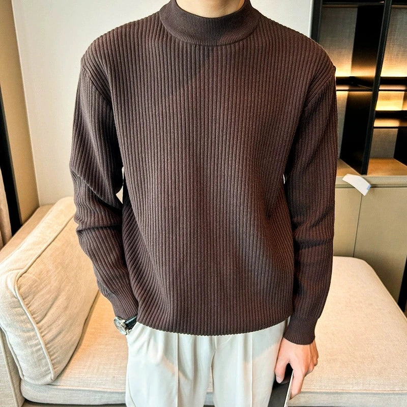 Threebooy  New Korean Retro Men Basic Sweaters Luxury Knit Solid Color Mock Neck Long Sleeve Pullover Casual Textured High Quality Knitwear