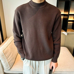 Threebooy  New Korean Retro Men Basic Sweaters Luxury Knit Solid Color Mock Neck Long Sleeve Pullover Casual Textured High Quality Knitwear