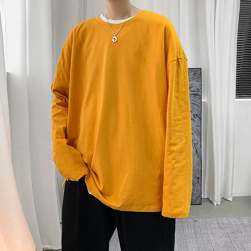 Threebooy Spring Multicolor Cotton T-shirt Men Fashion Solid Color Casual O-neck T Shirt Men Korean Loose Long-sleeved T-shirt Mens Tops