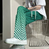 Threebooy Summer New Men's Ice Silk Fabric Hip Hop Casual Pants Plaid Printing Sweatpants Fashion Streetwear Homme Trousers S-5XL