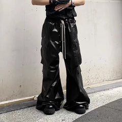 Threebooy Glossy Black Pu Leather Pants for Men High Street Y2k Pantalones Hombre Baggy Overall Wide Leg Drawstring Cargos