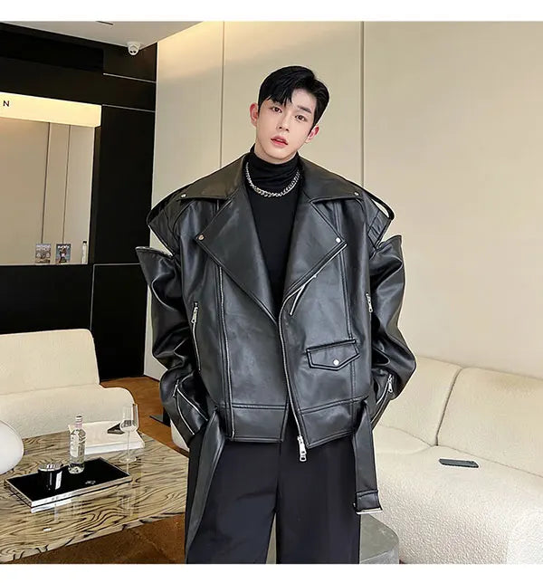 Threebooy Autumn Winter Wide Shoulder Zipper Leather Jacket Luxury Men Streetwear Loose Vintage Punk Motorcycle Jacket Korean Fashion Coat