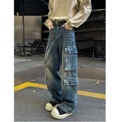 Threebooy Cargo jeans men New High Street Gothic Punk Dark Trousers  Harajuku Retro Baggy Jeans Men Street Fashion Straight Leg Pants