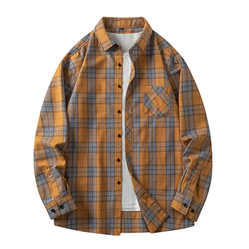 Threebooy Men's Spring Autumn Casual Loose Long Sleeved Shirt Couples Elegant Business Work Plaid Jacket