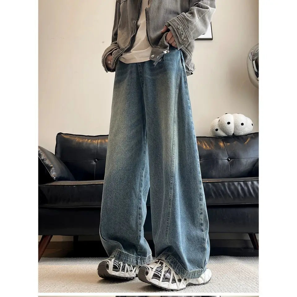 Threebooy American style personality trend men and women straight leg spring and autumn washed jeans couple loose retro casual pants y2k