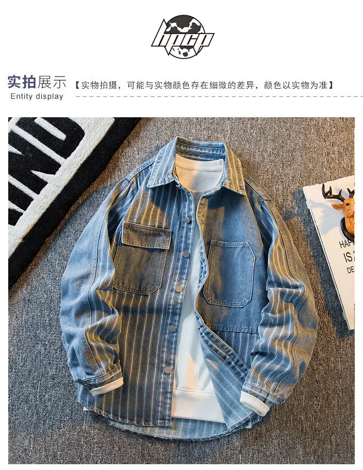 Threebooy American Striped Spliced Denim Jacket Men 2025 Autumn Trendy Handsome Men Women Casual Loose Work Shirt Jacket Aesthetic Chic