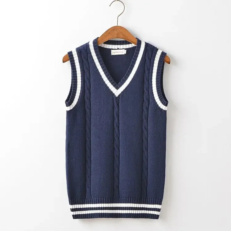 Threebooy Striped White Knitted Sweaters for Men Blue Sleeveless Man Clothes V Neck Vest Red Waistcoat Jumpers Sweat-shirt Cigaret Cotton