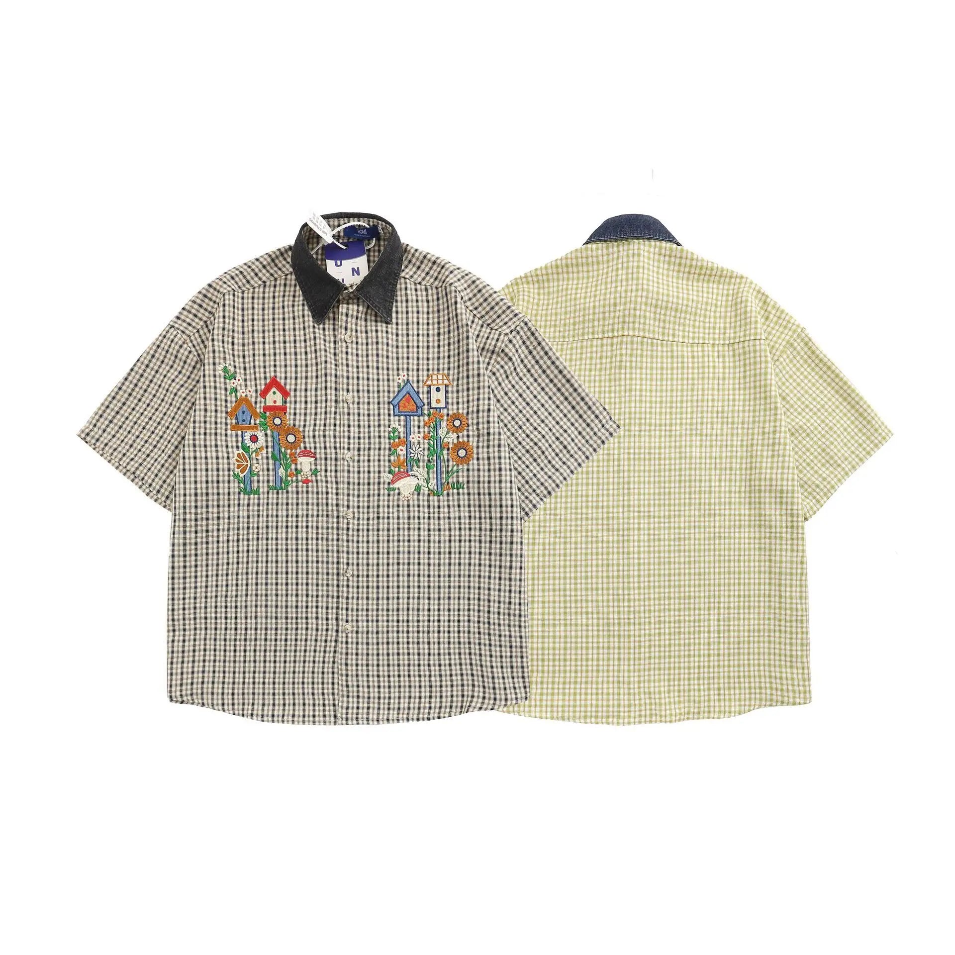 Threebooy  Summer Japanese Retro Patchwork Denim Collar Plaid Short Sleeved Embroidery Shirt for Men and Women Loose Design and Trendy Top