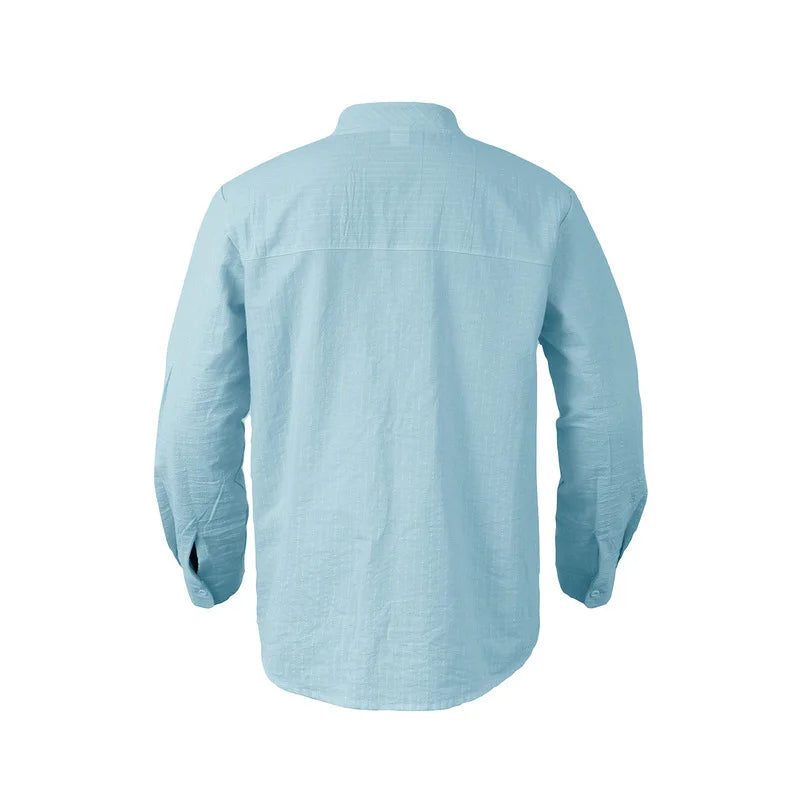 Threebooy 2025 New Autumn New Men's Casual Shirt Business Casual Style Linen Shirt Striped Stand Collar Long Sleeve Cardigan Shirt Men