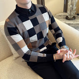 Threebooy Fake 2 Pieces Men Keep Warm in Autumn Winter Shirt Collar Knitted Sweater/Male Slim Fit Plaid Long-sleeved Pullover Man Sweaters
