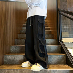 Threebooy Multi-pockets Ribbons Jeans Men Wide Leg Denim Pants Straight Baggy Men's Cowboy Hip Hop Streetwear Neutral Mopping Trousers