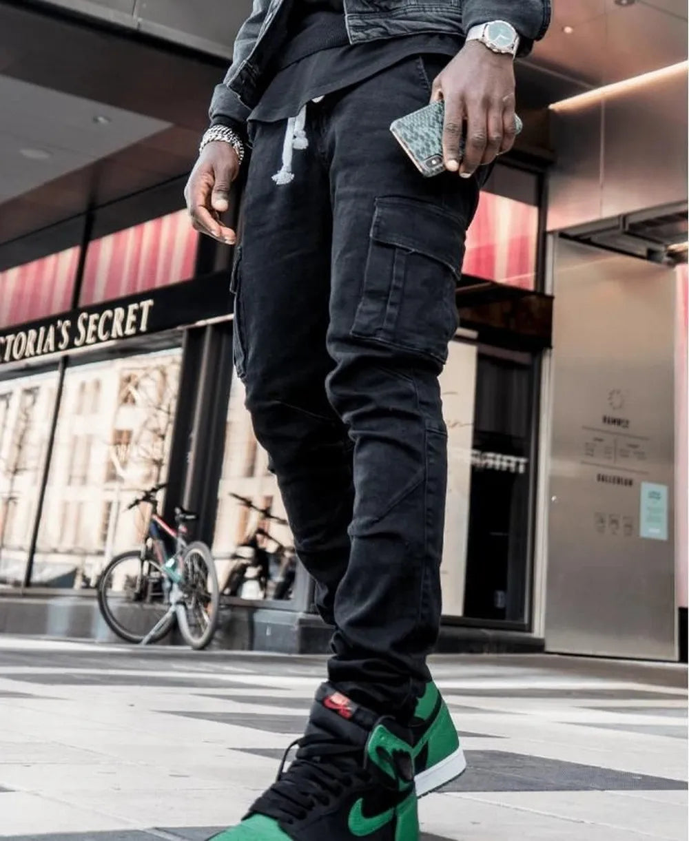 Threebooy Street Elastic Jeans Men Denim Cargo Pants Wash Solid Color Multi Pockets Casual Mid Waist Trousers Slim Fit Daily Wear Joggers