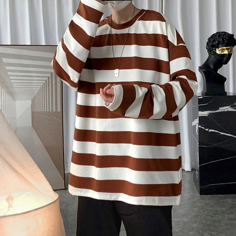 Threebooy Spring Mens Stripe Tops Tees Harajuku Long Sleeve T Shirts Casual High Quality Unisex Tshirt