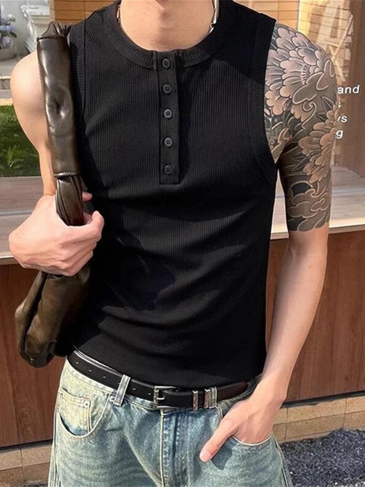 Threebooy  Mens Slim Fit Sleeveless Vest 2025 Summer New Casual Textured Ribbed Camisoles Men Sports Training Stretch Tank Tops