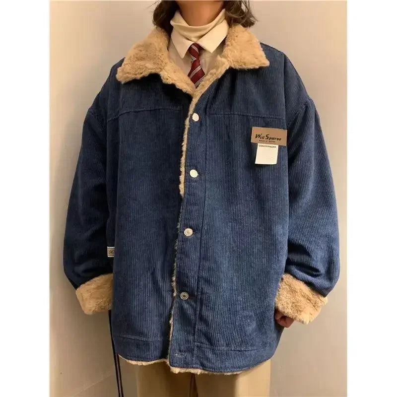 Threebooy Men's Retro Corduroy Padded Jacket Women Winter Loose Casual Thickened Cotton Turndown Collar Single-breasted Long Sleeves Tops