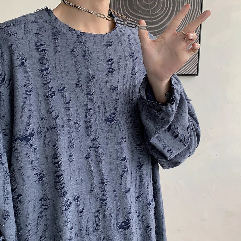 Threebooy Spring Summer Men Hole T Shirts Harajuku Hip Hop Long Sleeve Oversized Tshirts Male Korean Fashion Tee Tops Plus Size 3XL