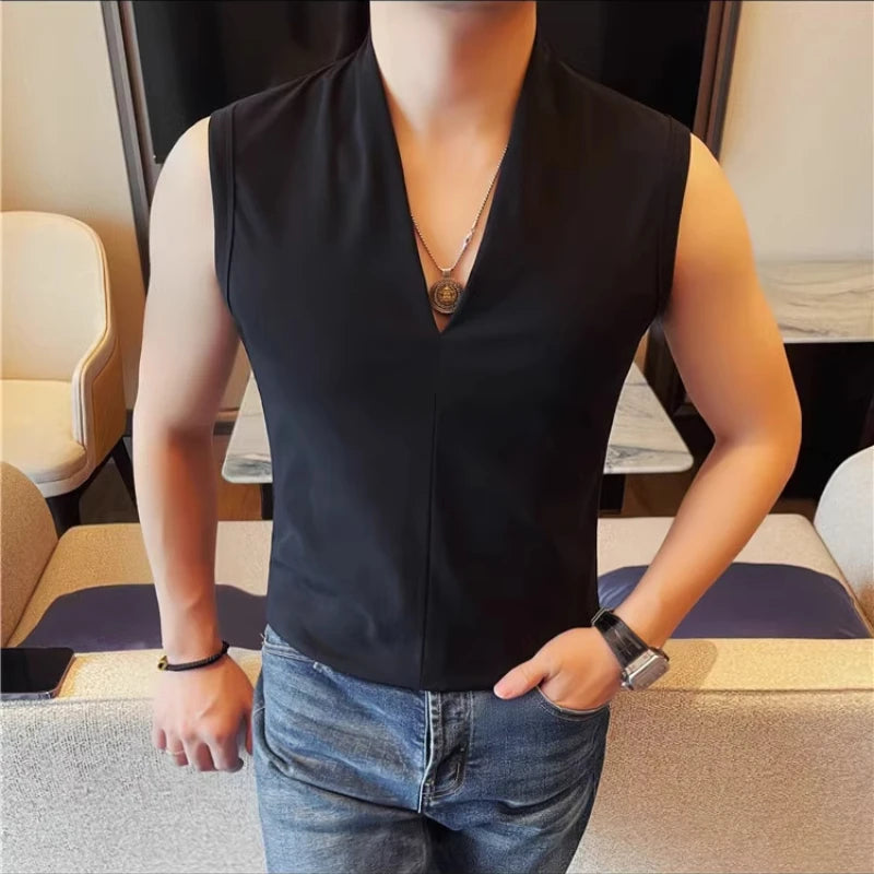 Threebooy  Summer V-neck Sleeveless T-shirt Men's Fashion Solid Color Vest Versatile Casual T-shirt Cotton Streetwear Social Tee Tops