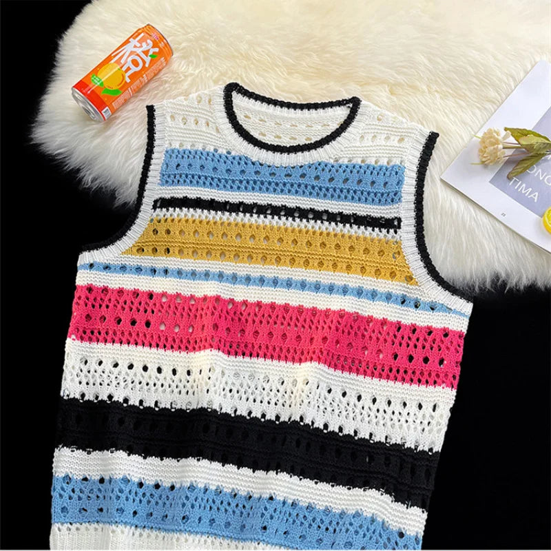Threebooy Contrast Striped Hollowed Out Knit Tank Top Men's Oversize Summer Japanese Outerwear Layered Bf Couple Knitwear Sleeveless Top
