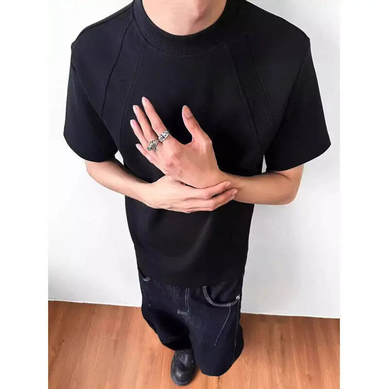 Threebooy  Men Slim Fit Short Sleeve Tshirt Solid Round Neck Unique Patchwork Design Premium Stretch Cotton Casual Summer Trendy Tee