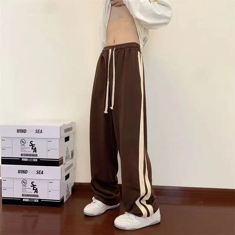 Threebooy Sports Pants for Men in Spring Summer New Striped Patchwork Loose Drawstring All-match Straight Pants Trend Casual Men Clothing