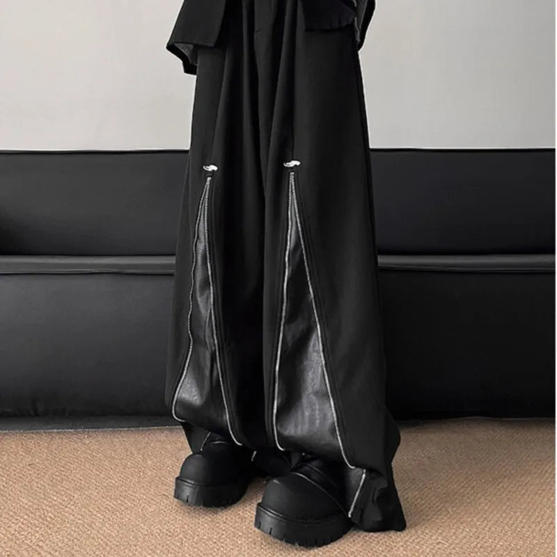Threebooy NEW PU Leather Patchwork Wide Leg Pants Men Zipper Hip Hop Fashion Harajuku High Street Loose Casual Pants Ropa Hombre