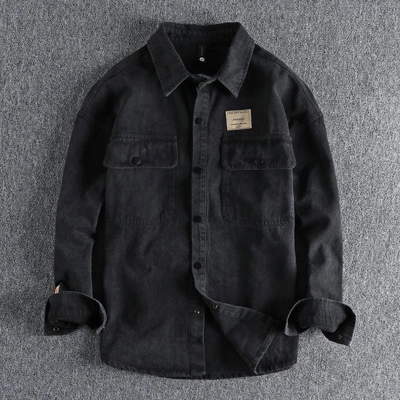 Threebooy  Heavy Cotton Men's Twill Woven Vintage Cargo Long Sleeve Shirt Jacket Autumn Winter Work Style Casual Versatile Youth Shirt Coat