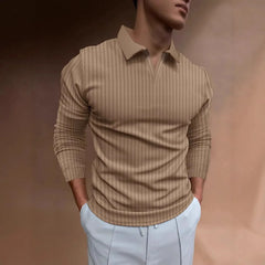 Threebooy  Men's Autumn Fitness Casual Collar Long Sleeve Striped V-Neck Polo Shirt