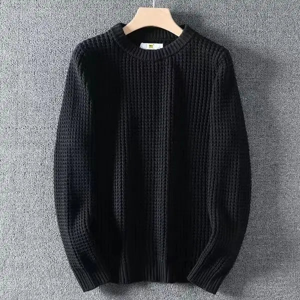 Threebooy  Autumn and Winter Fashionable Waffle Thread Round Neck Solid Long Sleeve Loose Relaxed Warm Inner Laydown Knitted Sweater