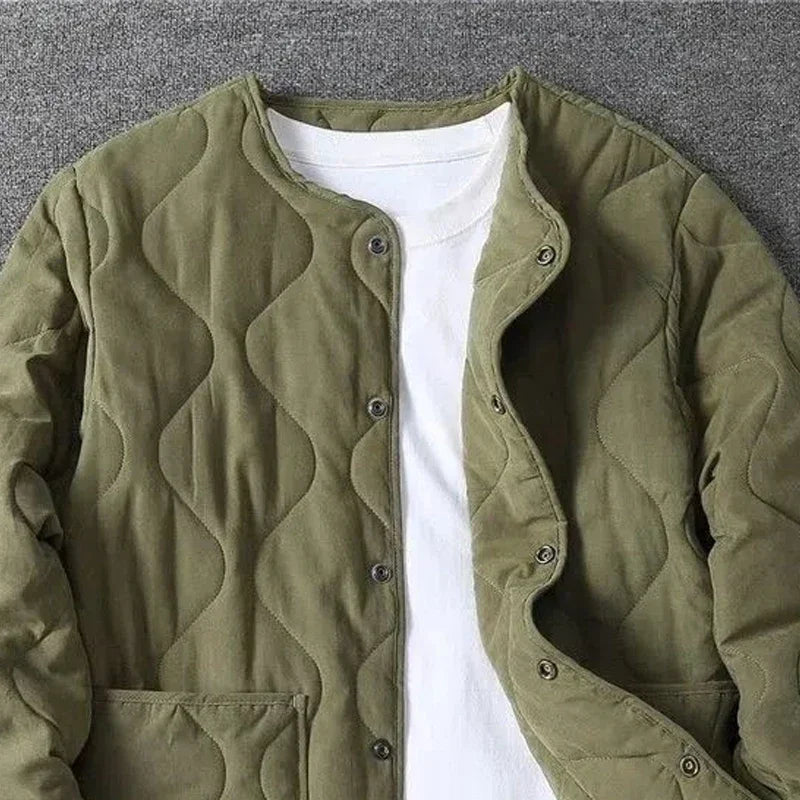 Threebooy Autumn Winter O-neck Quilted Jacket Men's Versatile Green Retro Thickened Coat Men Techwear Button Up Oversize Jacket