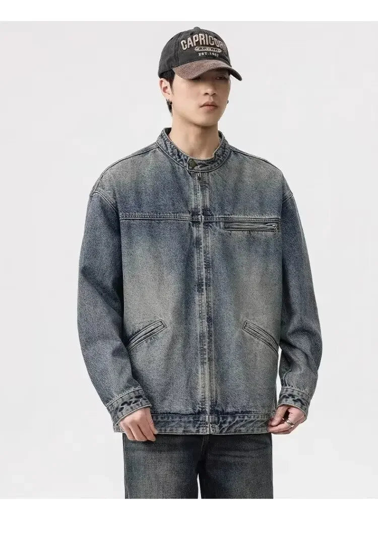 Threebooy Vintage Denim Jacket Men's Loose-Fit High-End Feel American Style Distressed Washing For Autumn Trendy Workwear