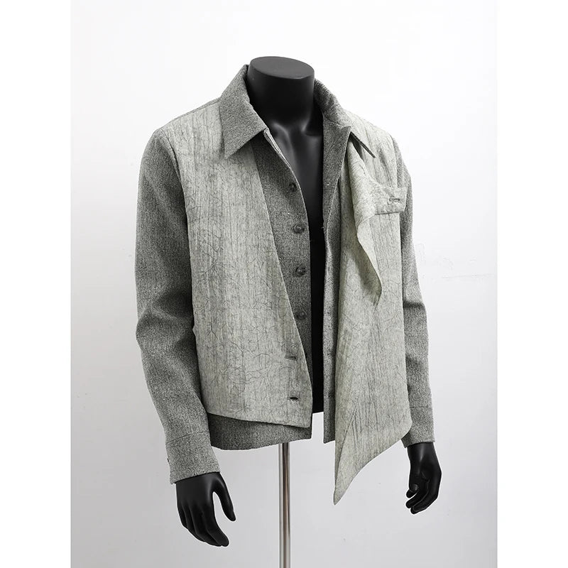 Threebooy Men Jacket Lapel Collar Faux Two Layer Diagonal Placket 2024 Trendy Outwear Casual Urban Streetwear Host Apparel Stage Clothing